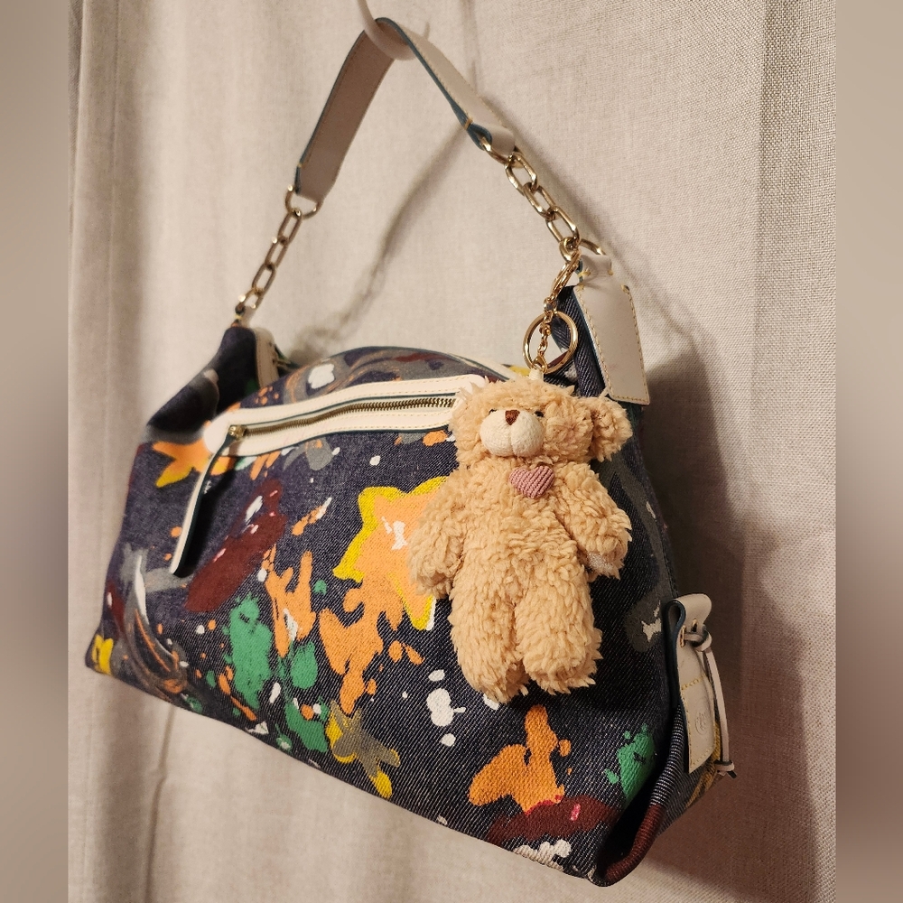 Dooney And Bourke -Vintage Denim Splatter Paint Chain And Leather Strap Bag - Picture 2 of 16